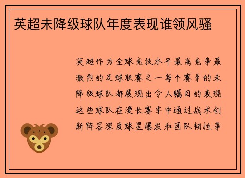 英超未降级球队年度表现谁领风骚