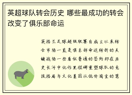 英超球队转会历史 哪些最成功的转会改变了俱乐部命运