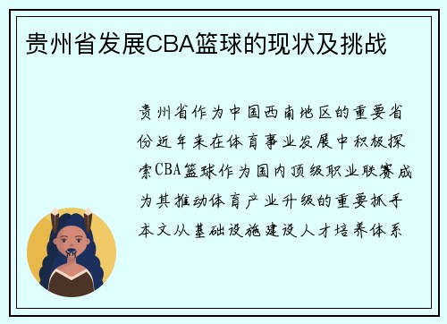 贵州省发展CBA篮球的现状及挑战