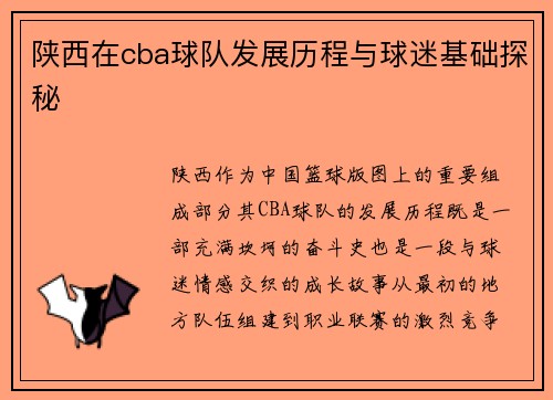陕西在cba球队发展历程与球迷基础探秘