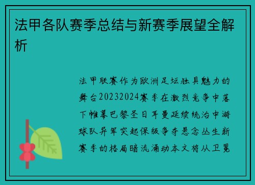法甲各队赛季总结与新赛季展望全解析