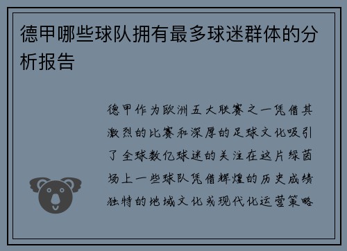 德甲哪些球队拥有最多球迷群体的分析报告